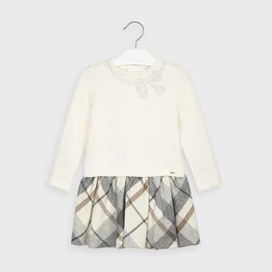 Size 2 Toddler Girls Mayoral White and Gray Plaid Formal Dress